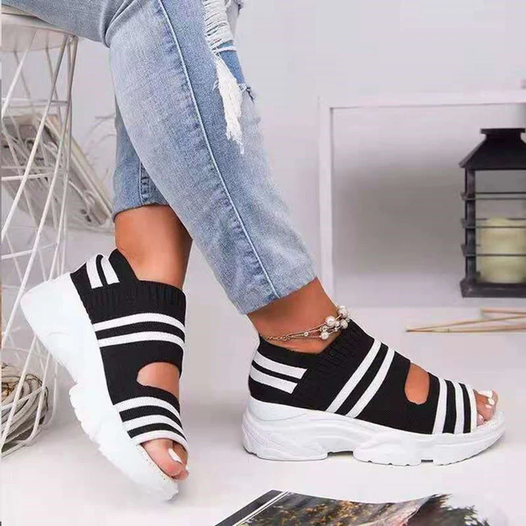 DEANWANGKT  Wish  Cross-Border plus Size Foreign Trade Women's Shoes Spring and Summer  New Knitted Platform Sports Sandals - Deanwangkt