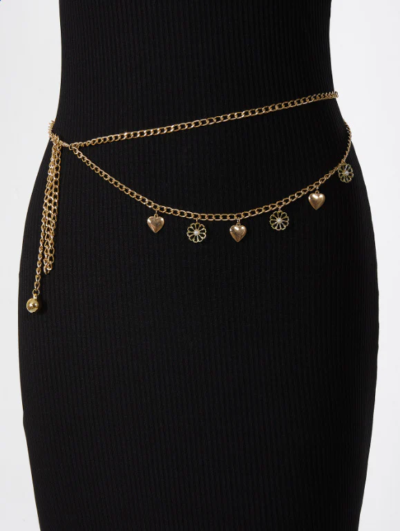 2025  FB3317  waist chain hollow flower alloy peach heart ball pendant side pendulum chain fringed waist chain - Deanwangkt