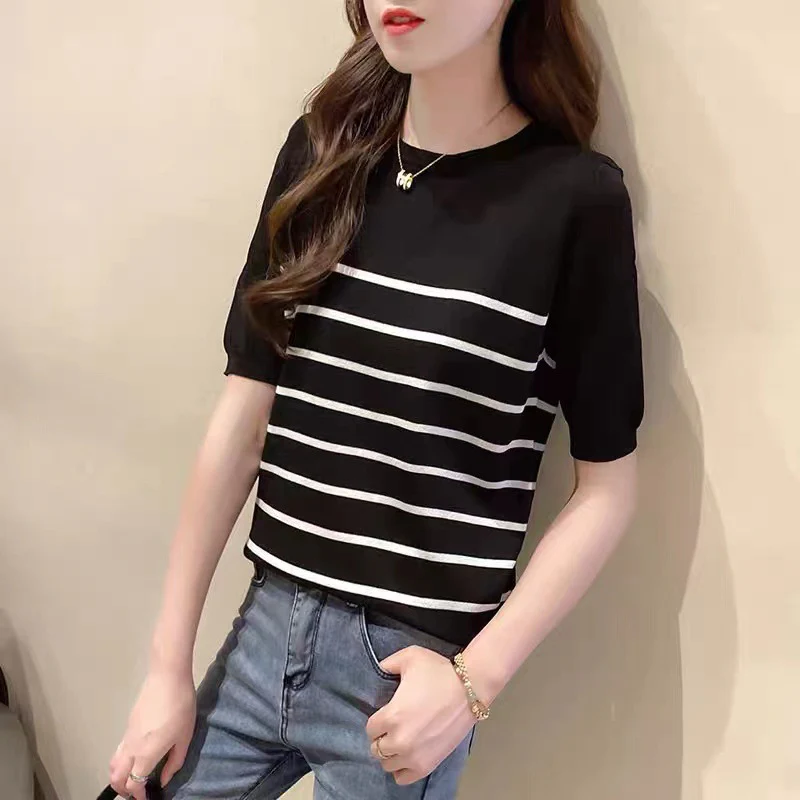 DEANWANGKT  Ice Silk Sweater Women's Short-Sleeved Summer New Korean Style Loose Thin T-shirt Black and White Striped round Neck Top - Deanwangkt
