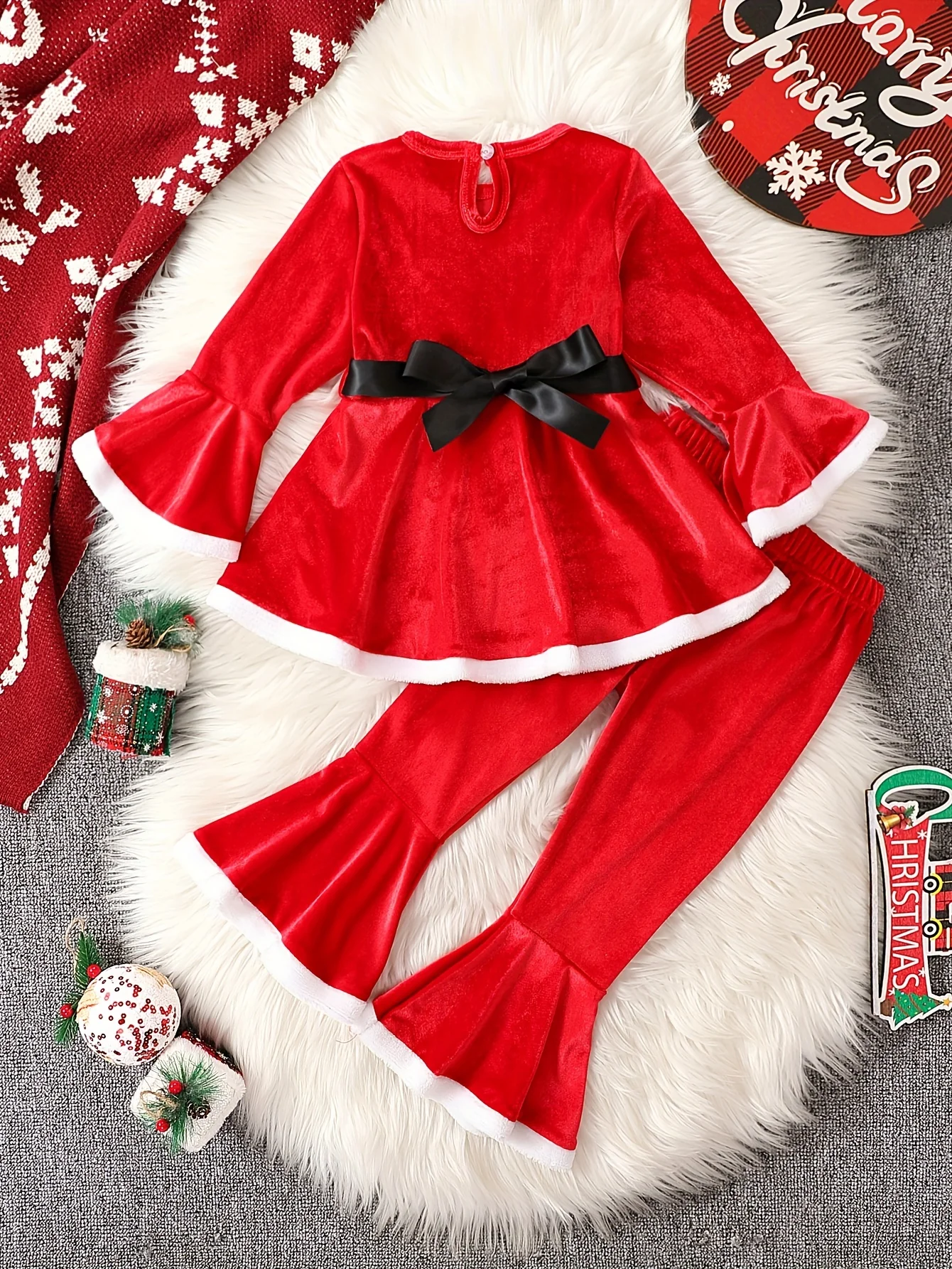 2 Pcs Toddler Girl's Christmas Outfit Set: Belted Peplum Top & Velvet Flared Pants, Santa Claus Dressed-up Clothes for Winter Fall - Deanwangkt