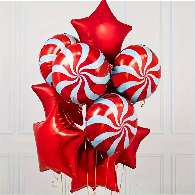 10-Piece Set of Red Candy Cane & Star Shaped Self-Sealing Aluminum Film Balloons for Christmas, Birthday, Wedding, New Year Celebrations - No Electricity Needed - Deanwangkt