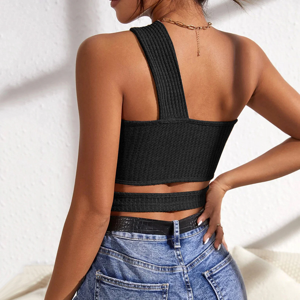 Cross-border Popular trade popular  women's clothing new sexy hollow knitted small vest ultra-short slanted shoulder chest wrap top - Deanwangkt