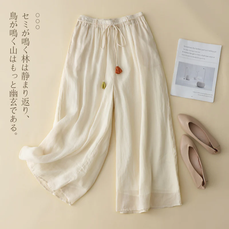 3372 Comfortable lace-up versatile wide-leg pants, summer super fairy Tencel hemp pants skirt, loose and drape casual women's pants - Deanwangkt
