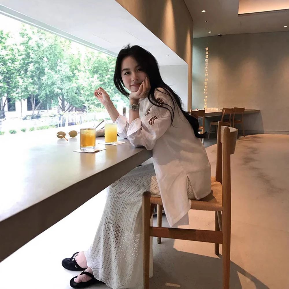 Siyuan niche design sense heavy industry hollow rose embroidered ramie shirt women's long-sleeved loose top 7763 - Deanwangkt