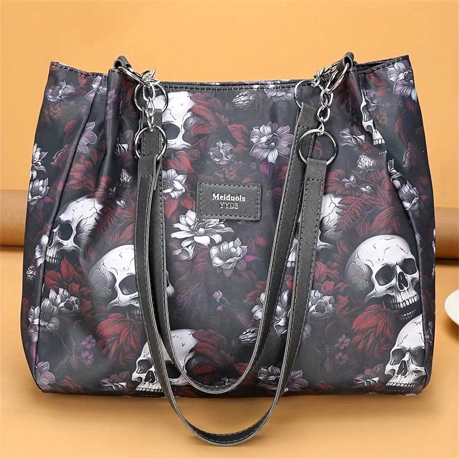 Large Capacity Punk Floral Skull Print Tote Bag - Stylish Single-Strap Shoulder Bag with Fixed Straps, Zipper Closure, Polyester Lining - Versatile Handbag for Daily Commute, Work, and Travel - Deanwangkt