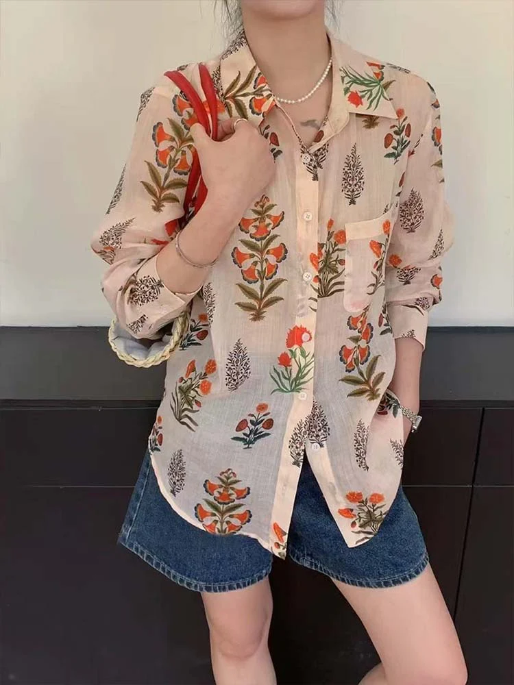 Siyuan vacation style loose and comfortable cotton shirt women's long-sleeved spring and summer new temperament printed sunscreen top 7850 - Deanwangkt