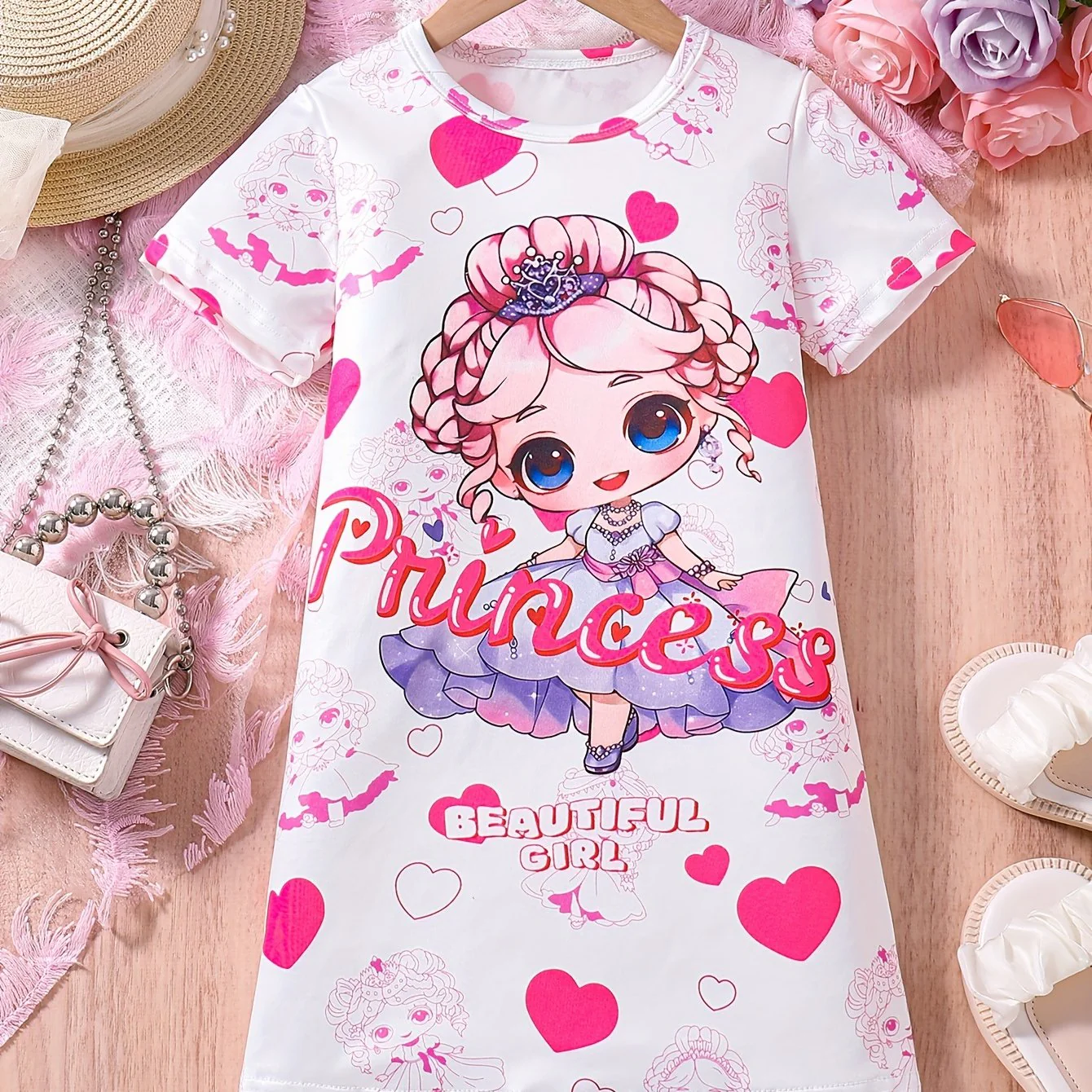 Summer-Ready Princess & Heart Graphic Dress for Girls | Casual Style, Comfort Fit & Easy Care - Deanwangkt