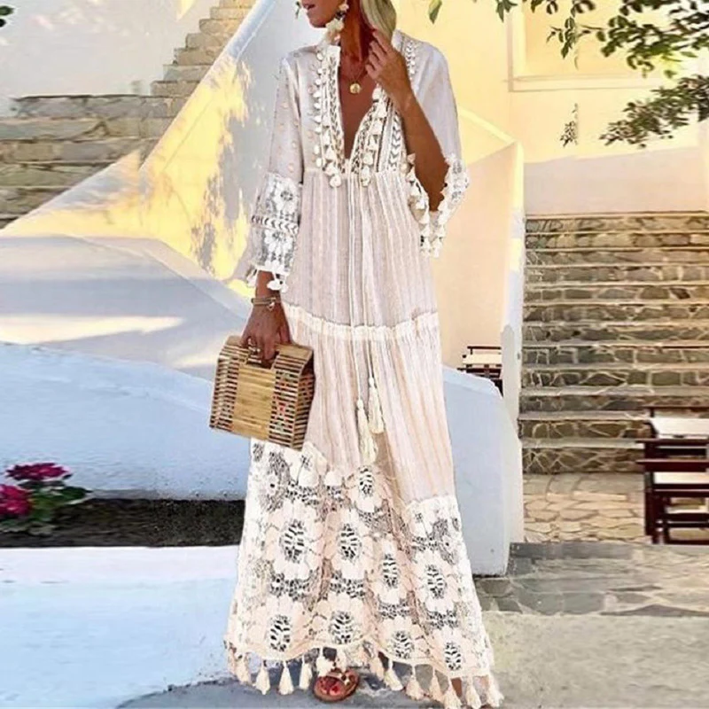 2021 spring and summer new bohemian style lace tassel splicing beach vacation temperament long dress dress - Deanwangkt