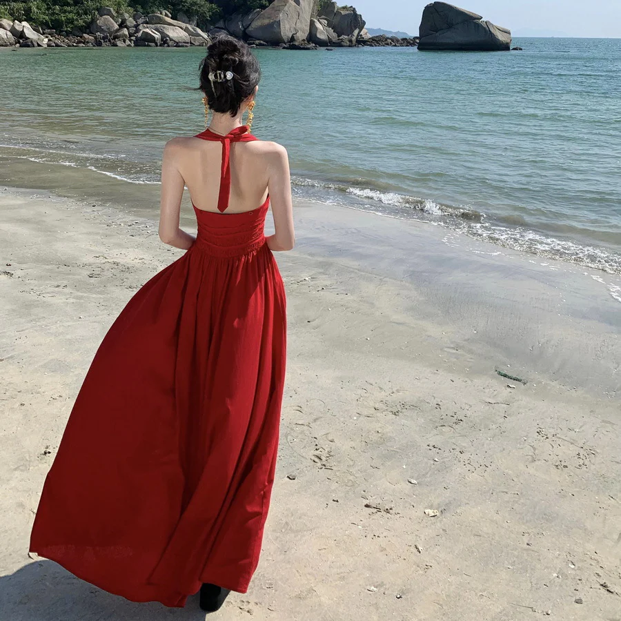 2025 Vintage Sexy Deep V Halter Strap Neck Red Dress Women's Summer Seaside Vacation Waist Sleeveless Long Dress - Deanwangkt