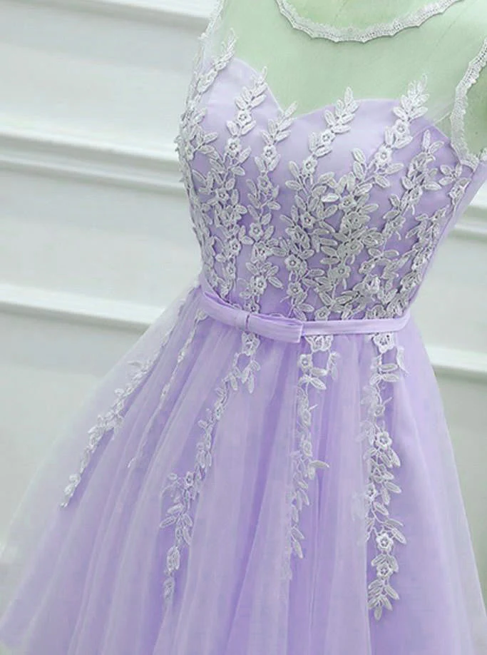 Solvbao Lovely Tulle Round Neckline Applique Purple Party Dress, Lavender Homecoming Dress - Deanwangkt