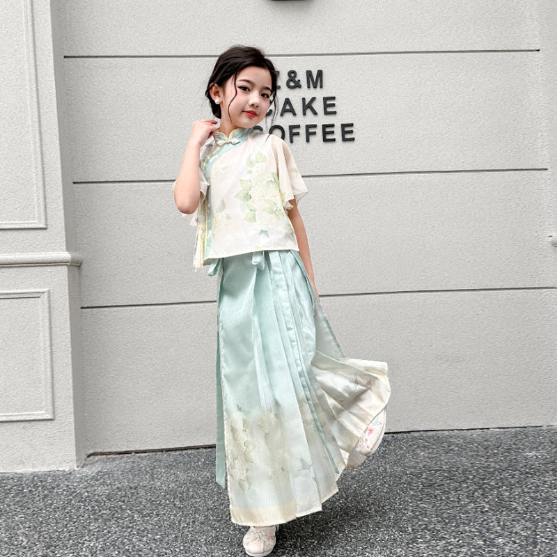Girls' Horse-Face Skirt Suit Skirt New Children's Han Chinese Costume Summer Tang Suit New Chinese Style Classical Ancientry National Style Dress - Deanwangkt