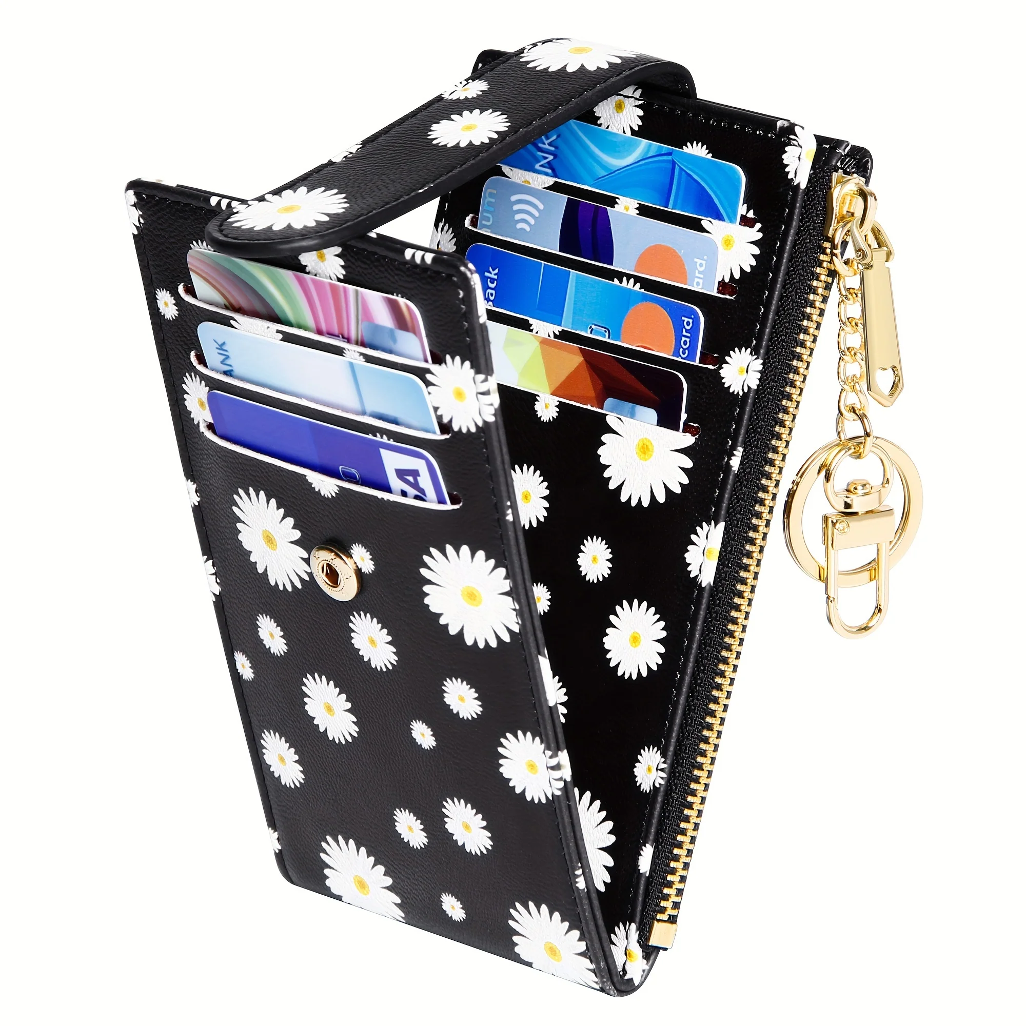 Slim RFID Blocking Bifold Wallet for Women - Secure Credit Card Holder with Zipper Closure, Multiple Slit Pockets, Polyester Lining, and Keychain - Casual, Random Printing Design, PU Material - Deanwangkt