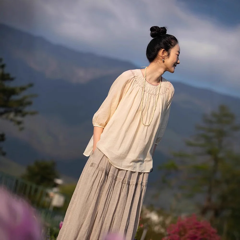 popular embroidered cotton jumper loose and light literary seven-quarter-sleeved top women's summer new A0545 - Deanwangkt