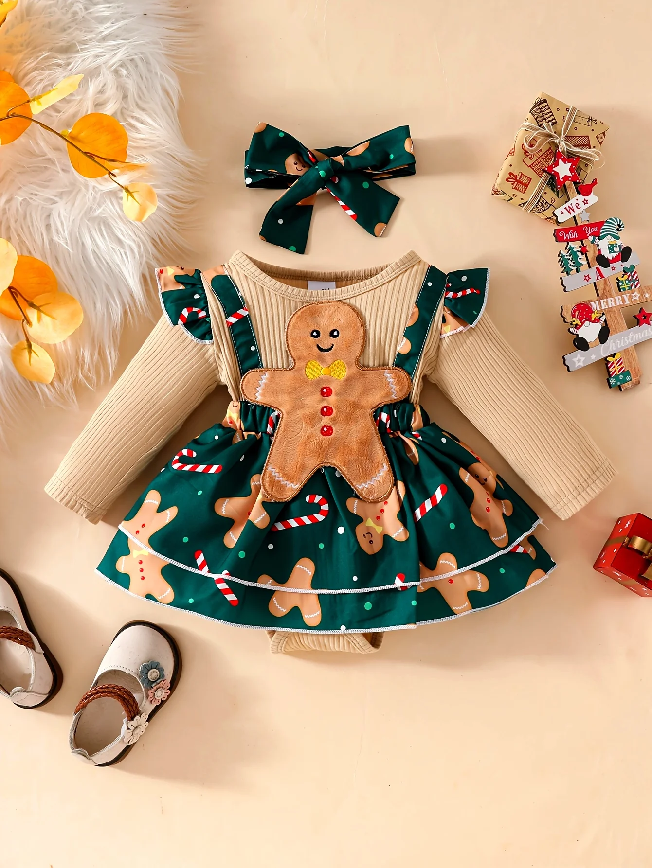 Baby's Christmas Element Patchwork Faux Two-piece Ribbed Long Sleeve Romper Dress + Hairband, Infant & Toddler Girl's Dress For Daily Wear/Holiday/Party, As Gift - Deanwangkt