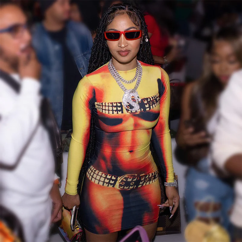 2025 L23DS075  women's clothing  summer new round neck long-sleeved personalized body print slim dress - Deanwangkt