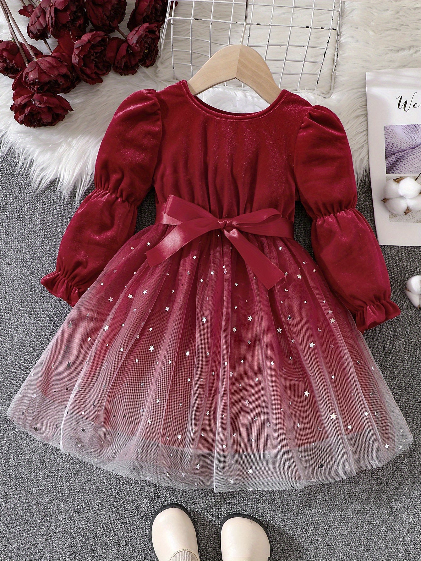 Girls' Gradient Mesh Christmas Velvet Stitching Lace-up Princess Dress For Autumn And Winter - Deanwangkt