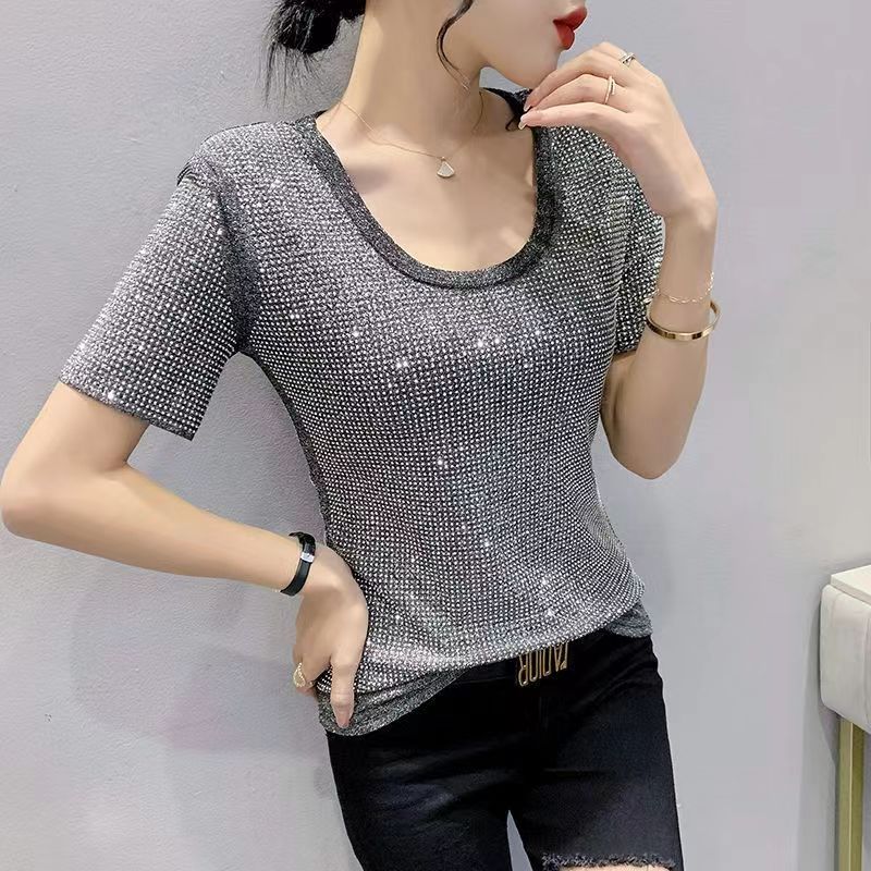 DEANWANGKT  European Goods Fashion Light Diamond off-Shoulder Short Sleeve T-shirt Female  Summer New Outdoor Western Style Slimming Top Shirt - Deanwangkt