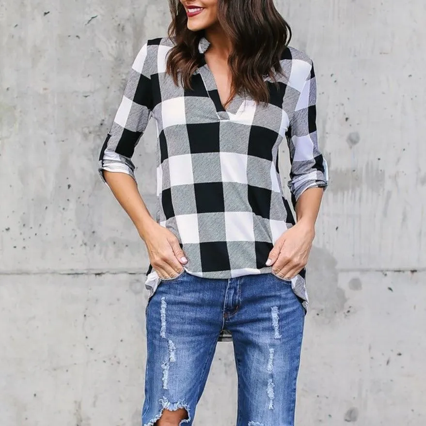 Blouses Women Plaid Shirt V-neck Shirt Women Black and Red Ladie Top Chemise Cotton Plaid Women Tops Casual Blouse Shirt - Deanwangkt