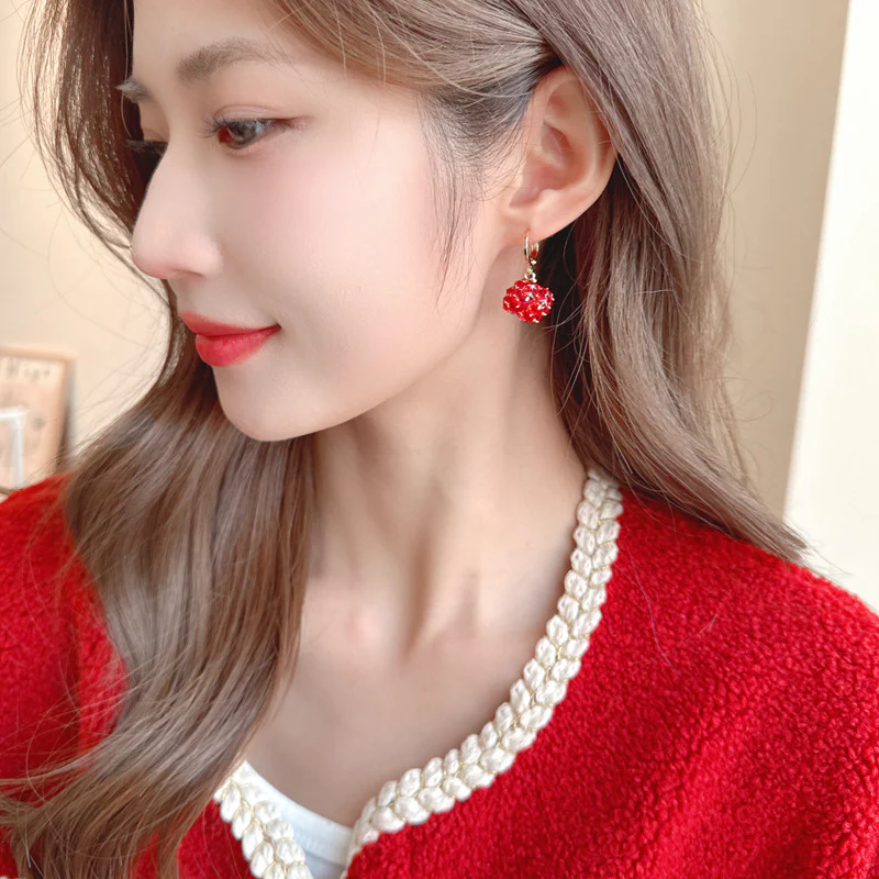 2025 popular New Year's celebration, red earrings, tide elegance, high-end design, zircon cube ball earrings - Deanwangkt