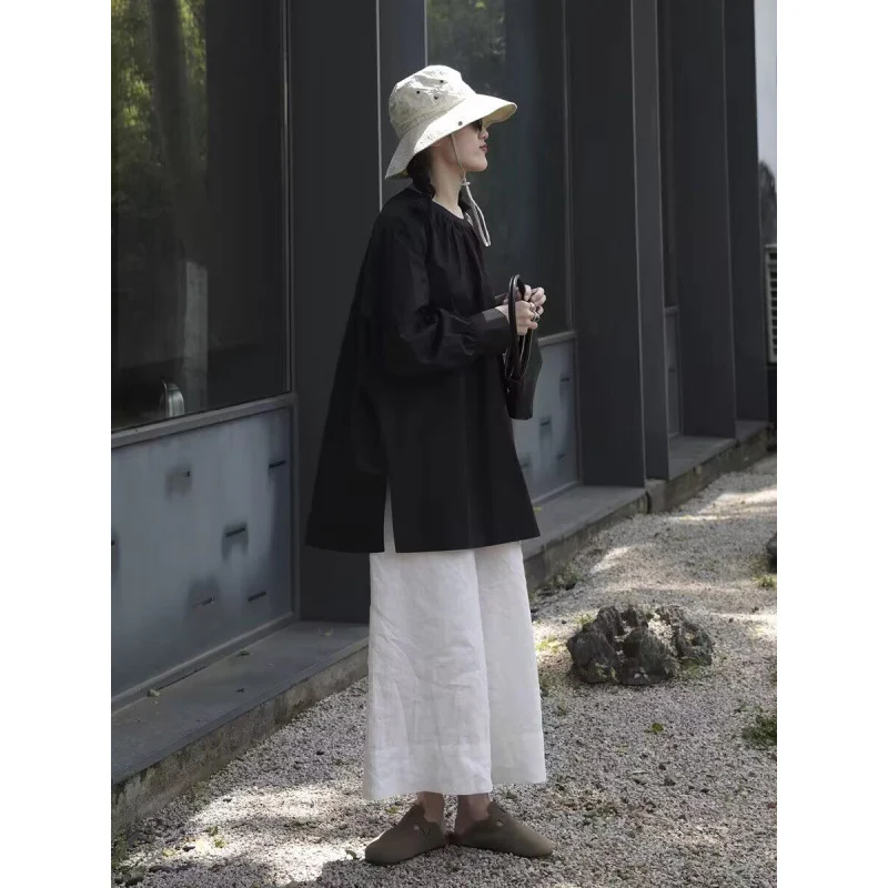 Summer Japanese niche literary and artistic lace-up age-reducing pants women's cotton and linen loose large size casual versatile wide-leg nine-point pants - Deanwangkt