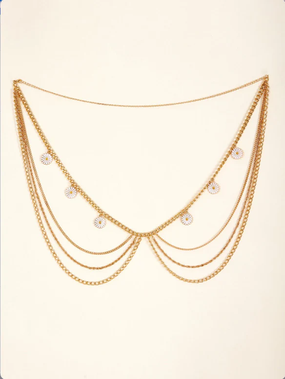 2025  FB3330  waist chain sun flower pendant multi-layer wave tassel side pendulum chain waist chain waist jewelry - Deanwangkt