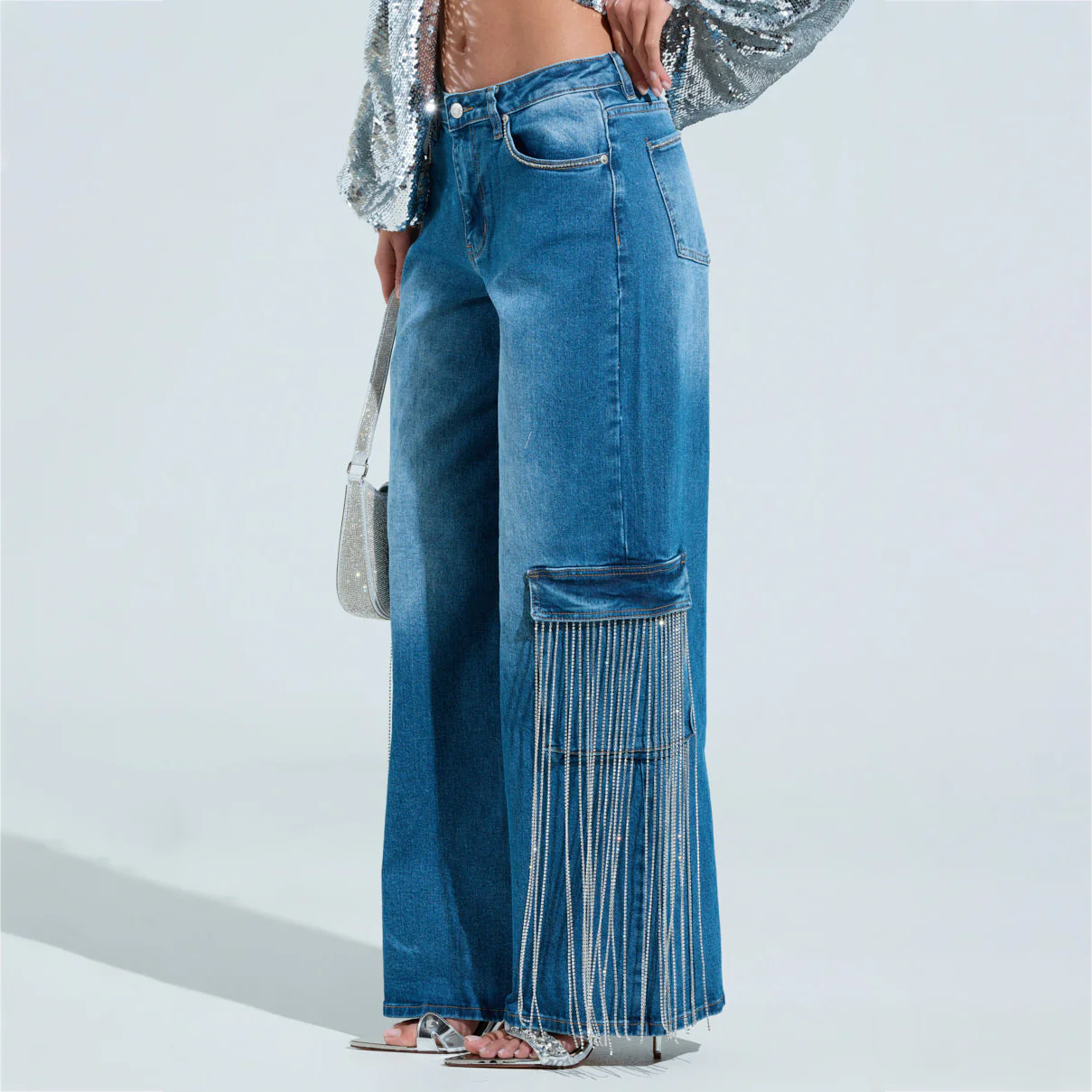 Spring new rhinestone tassel decoration Spice Girl denim straight pants women's low waist fashion  New women's clothing customization - Deanwangkt
