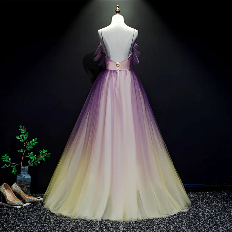 Solvbao Purple and Yellow Gradient V-neckline Straps Tulle Evening Gown, Long Prom Dress Party Dress - Deanwangkt