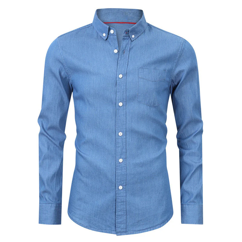 DEANWANGKT 2025 men's short-sleeved denim shirt autumn and winter  men's bottoming shirt long-sleeved business men's shirt - Deanwangkt