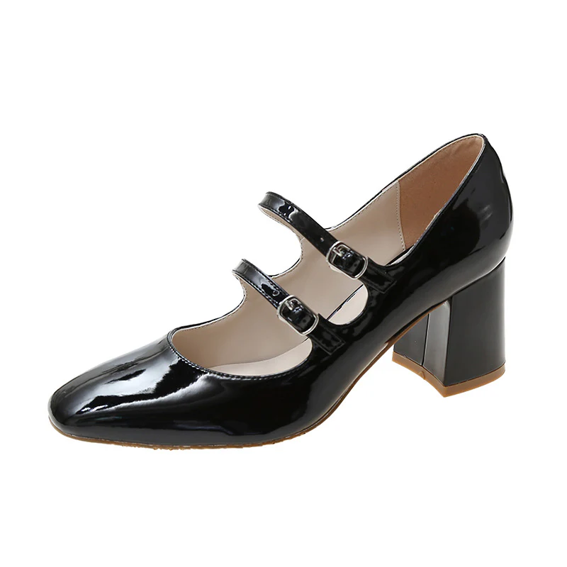 DEANWANGK  Vintage Patent Leather Square Toe Mary Jane Pumps Women's  Spring New British Style Buckle Chunky Heel High Heels - Deanwangkt