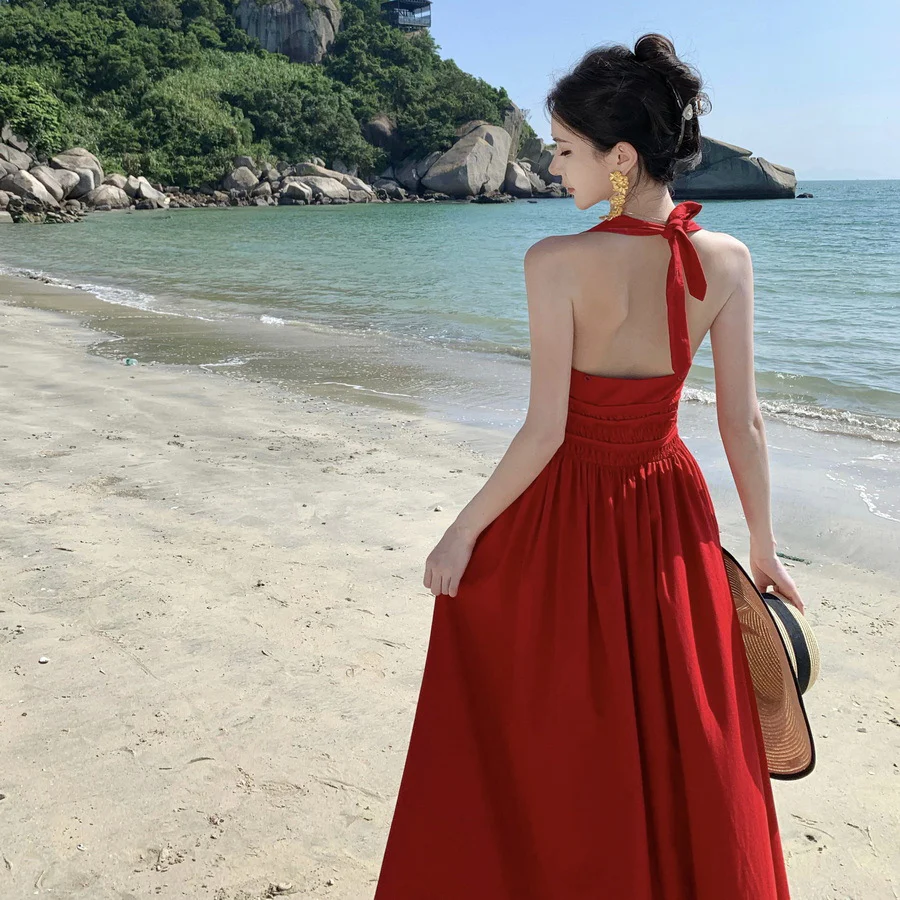 2025 Vintage Sexy Deep V Halter Strap Neck Red Dress Women's Summer Seaside Vacation Waist Sleeveless Long Dress - Deanwangkt