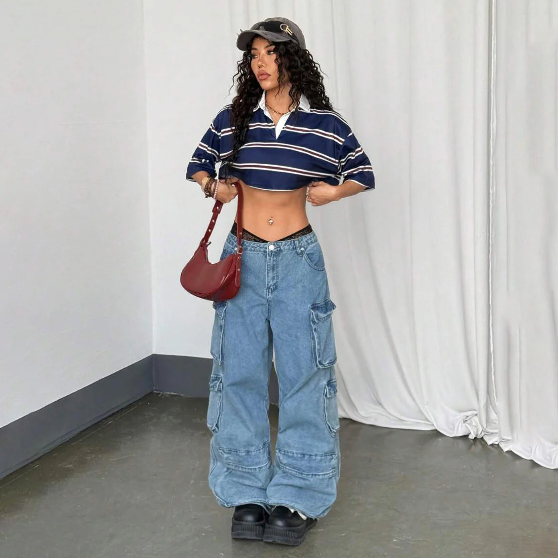 n fashion trendy brand personalized style lapel striped short POLO shirt versatile Spice Girl loose short-sleeved top summer - Deanwangkt