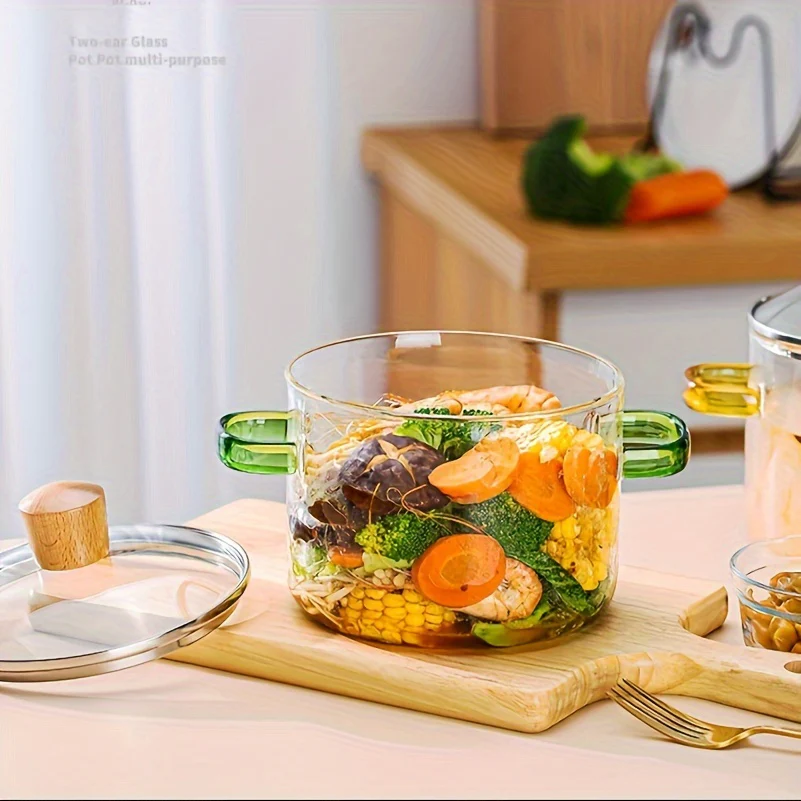 1pc Premium Borosilicate Glass Stew Pot - Heat Resistant, Double Ear Design, Electric & Open Fire Compatible, Transparent, Non-Toxic, Durable, Easy to Clean, Versatile Cooking Pot for Soups, Stews, and More - Ideal for Household Cookware - Deanwangkt