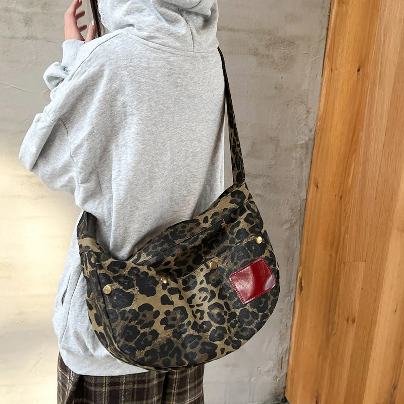 DEANWANGKT 2025 popular autumn new women's leopard print polka dot canvas bag ins shoulder messenger bag large capacity casual dumpling bag - Deanwangkt