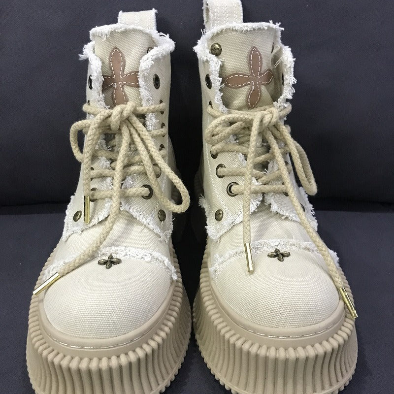 SK Black Biscuit Wilderness Wind Boots Washed Wheat Cowhide Canvas Cover Mid-Calf Martin Boots Cruciate Flower Shoes - Deanwangkt