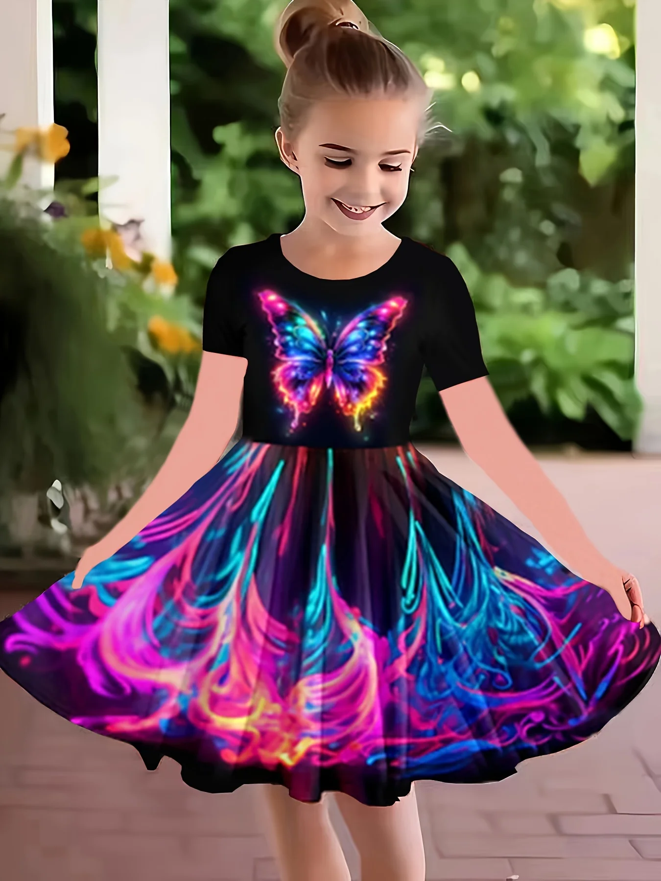 Enchanting 3D Butterfly Adorned Girls' Dress - Soft Cotton Crew Neck, Short Sleeve Design, Ideal for Summer Parties and Everyday Elegance - Deanwangkt