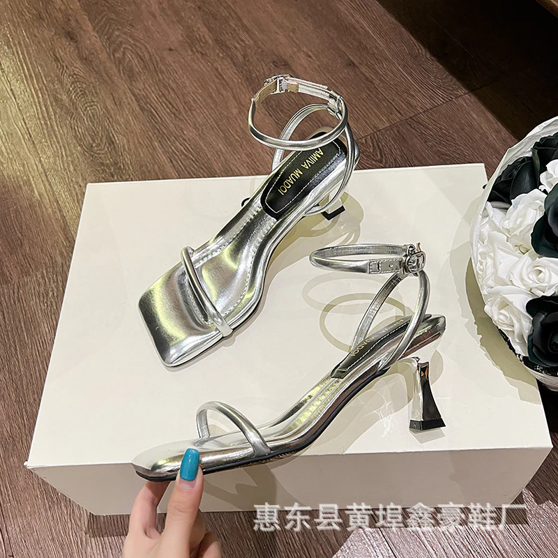 DEANWANGKT  Xinhao Shoes Factory  Square Head Fruit Shell with the Same Thin Strap Soft Strap Soft Bottom Strap Comfortable High Heel Sandals - Deanwangkt