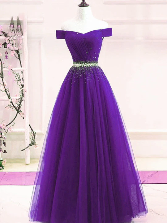 Solvbao Purple Tulle Off Shoulder Long Party Dress, Beaded A-line Prom Dress - Deanwangkt