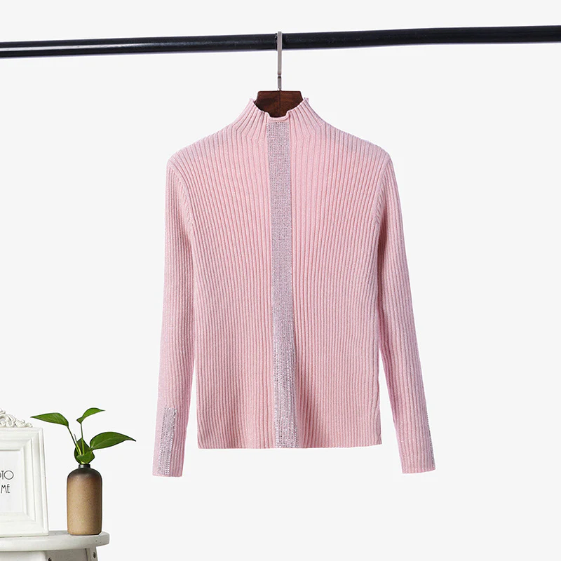 DEANWANGKT Semi-turtleneck thick knitted sweater women's long-sleeved autumn and winter new hot diamond pullover slim-fitting versatile bottoming shirt top - Deanwangkt