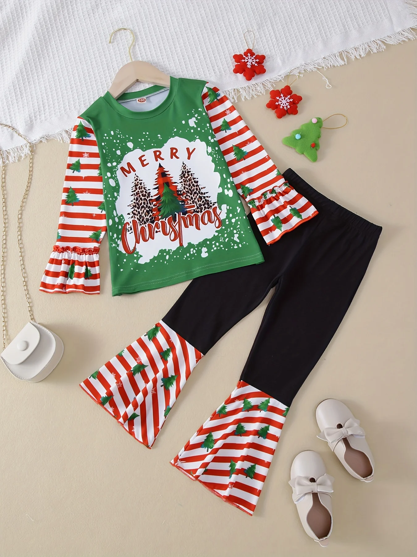Christmas Girls' 2pc Sets, Splicing MERRY CHRISTMAS Print Top & Flare Pants Kids Outdoor Clothes For Fall Christmas Party - Deanwangkt