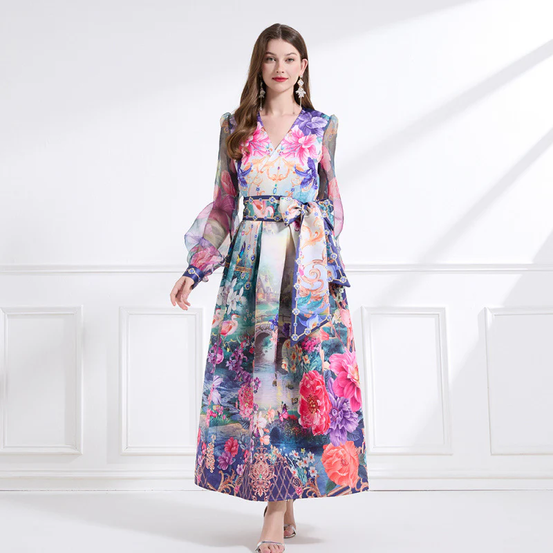 Court retro  dress women's high-end waist V-neck lantern sleeve fantasy wonderland print big swing dress - Deanwangkt