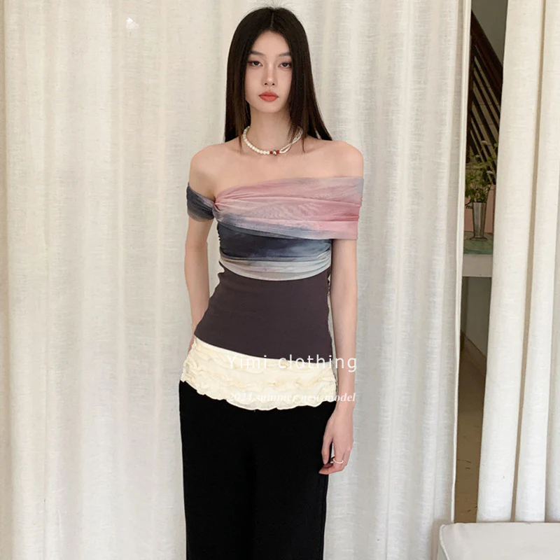 DEANWANGKT  Women's T-shirt Artistic Blooming New Chinese Short-Sleeved Shirt Women's Niche Design Slim Fit Patchwork off-Shoulder T-shirt - Deanwangkt