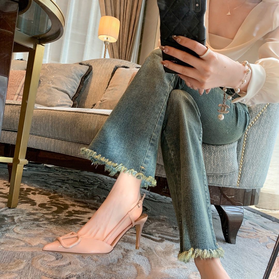 DEANWANGKT  Pointed Toe Sandals V Buckle Patent Leather High Heels Women's Summer Nude Color Versatile  Style Temperament Stiletto Heel Back Empty Toe Box Shoes - Deanwangkt