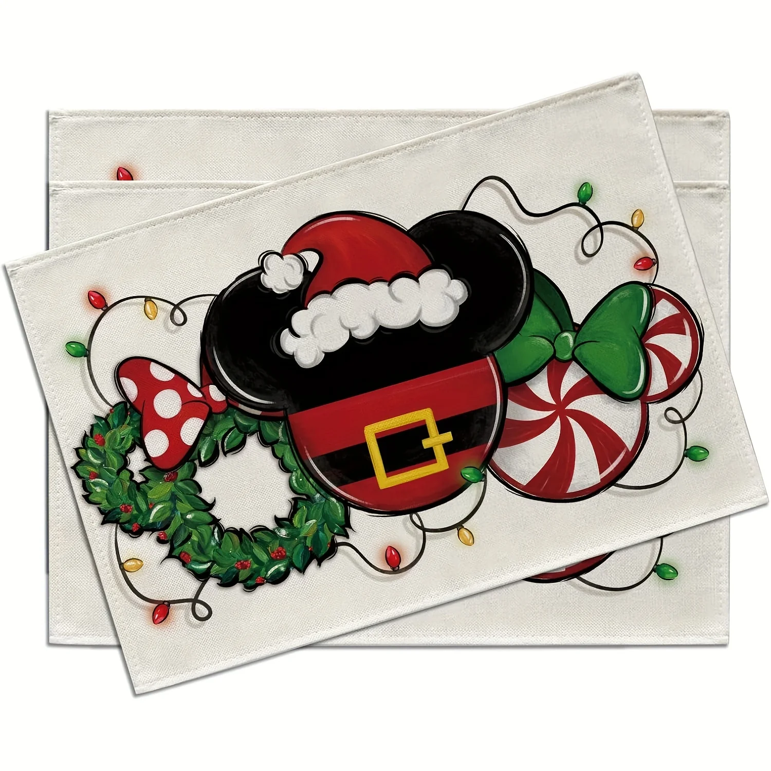 4pcs, Christmas Cartoon Mouse Santa Placemats Set of 4, Xmas Wreath Peppermint Candy Dining Place Mats Table Decor, Funny Holiday Home Kitchen Decoration 12 x 18 Inch - Deanwangkt