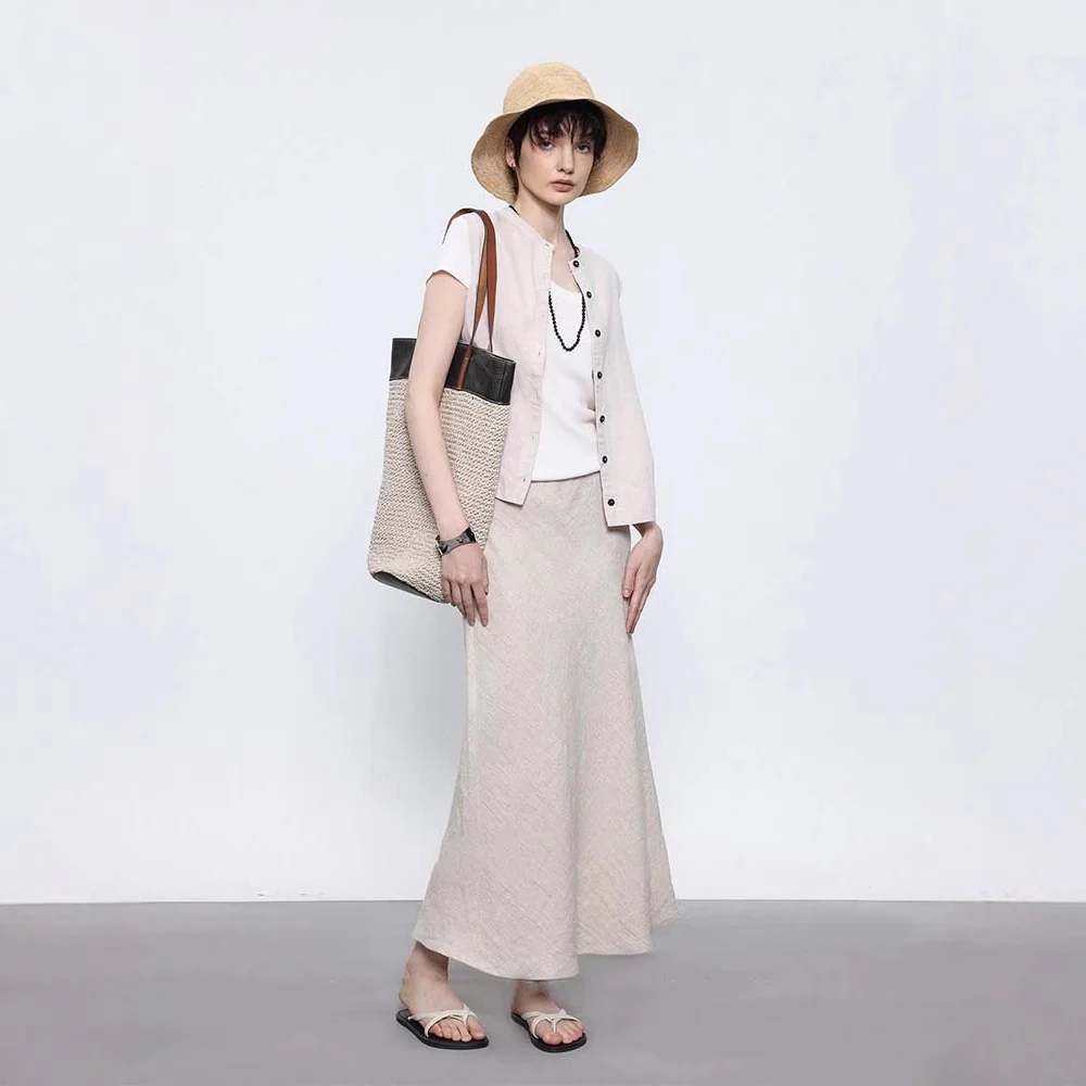 Siyuan,  thin oblique cut linen imported double-layer rubber band fishtail medium and long skirt women 7544 - Deanwangkt