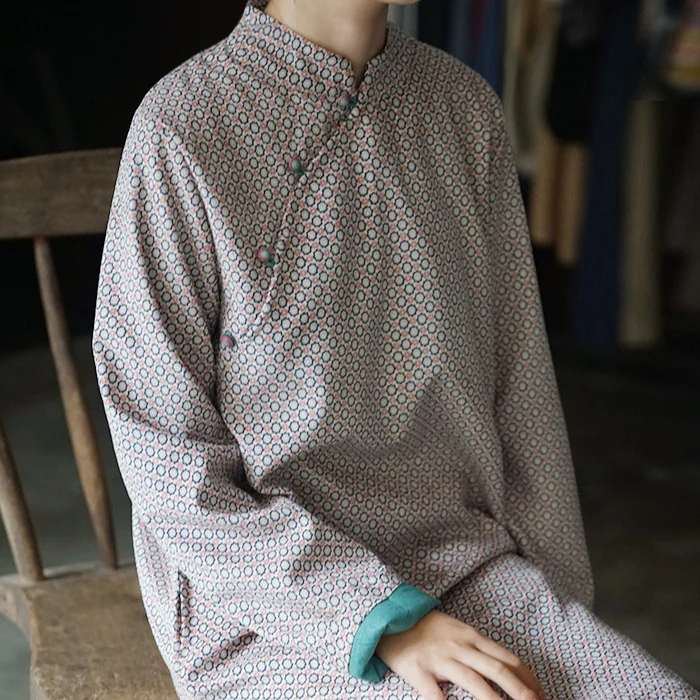 spring national style Chinese diagonal placket contrasting color cheongsam retro geometric printing thin dress tea clothes L19416 - Deanwangkt