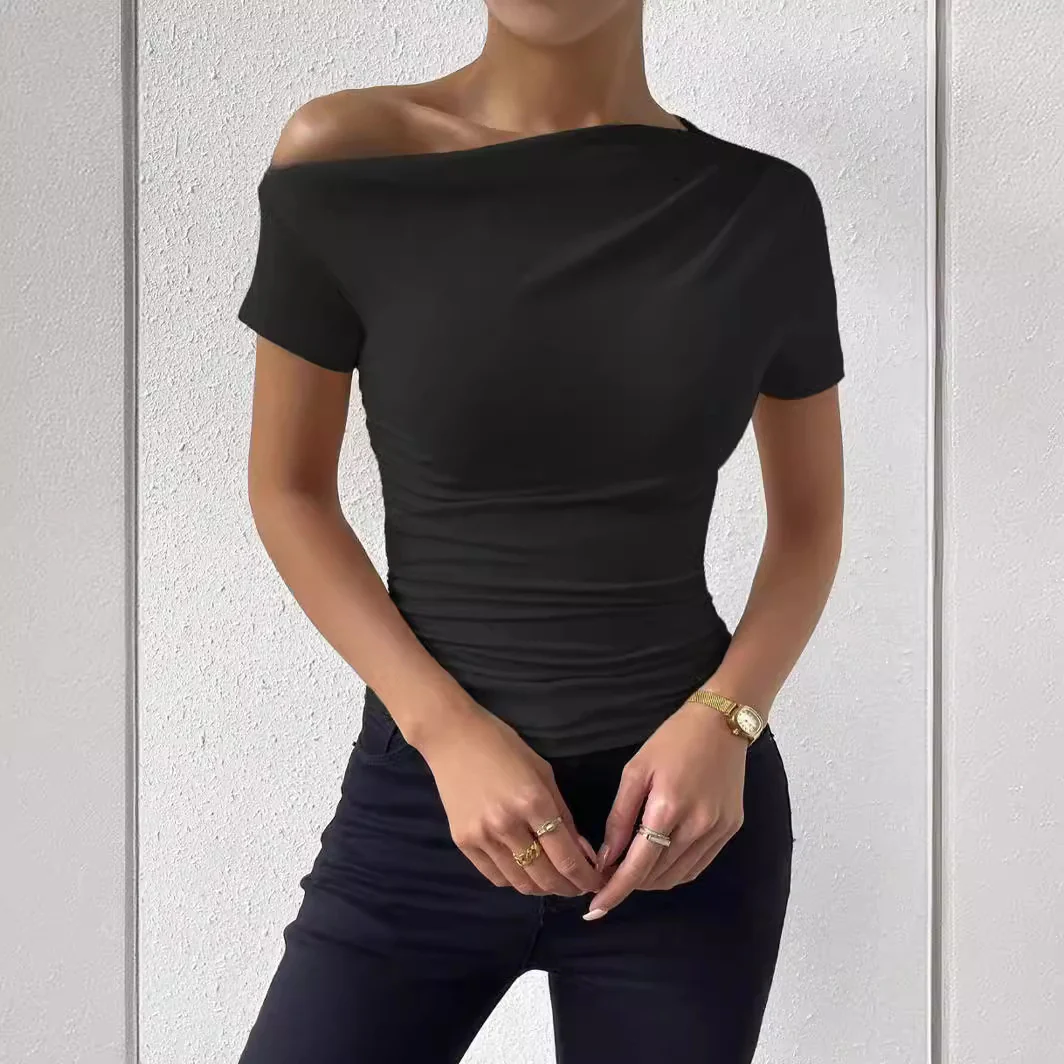 DEANWAQNGKT  Cross Border  Independent Station Spring and Summer New Slim Fit Pleating Irregular Short Sleeve T-shirt Top - Deanwangkt