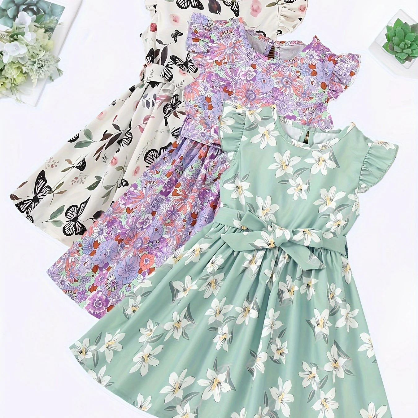 3pcs Little Princess Butterfly Floral Ruffle Trim Dresses - Adorable Belted Casual Summer Dresses for Girls - Polyester Non-Stretch Fabric, A-Line Fit, Perfect for Holiday Gift Party - Deanwangkt