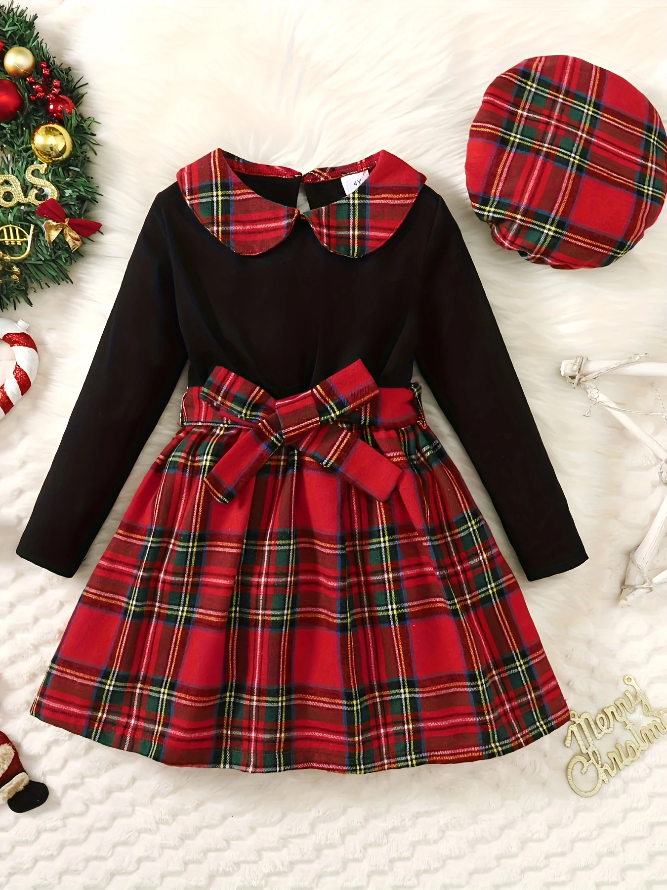 2-Piece Christmas Dress Set for Girls - Splicing Plaid Dress with Bow Belt and Plaid Beret Hat - Perfect for Fall Party, Holiday Outfit, and Winter Fashion for Kids - Deanwangkt