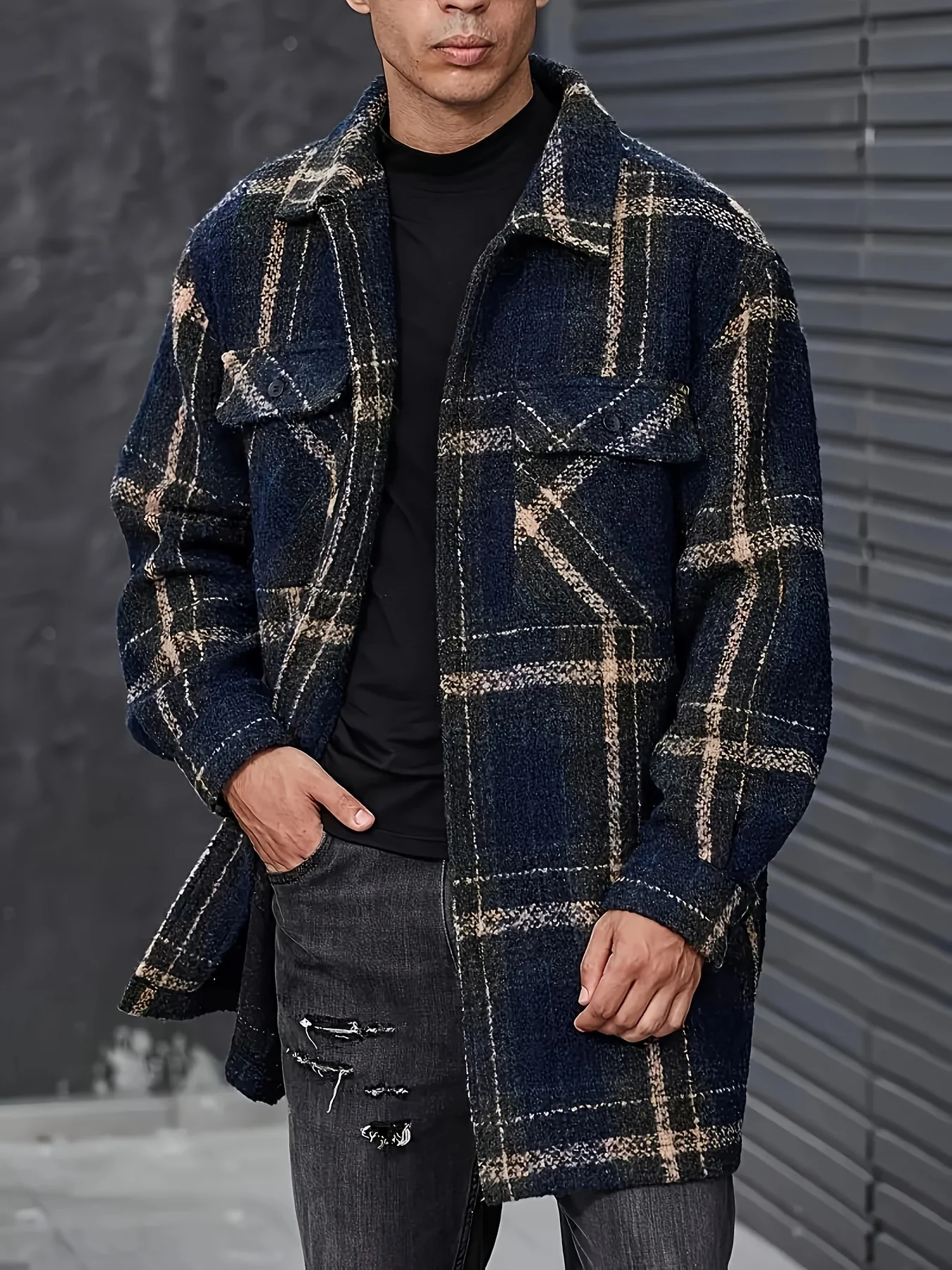 Stylish Plus Size Men's Plaid Jacquard Button-Up Jacket - Versatile & Fashionable, Perfect for Fall/Winter, PLUS SIZE, for Winter, Autumn, Spring - Deanwangkt