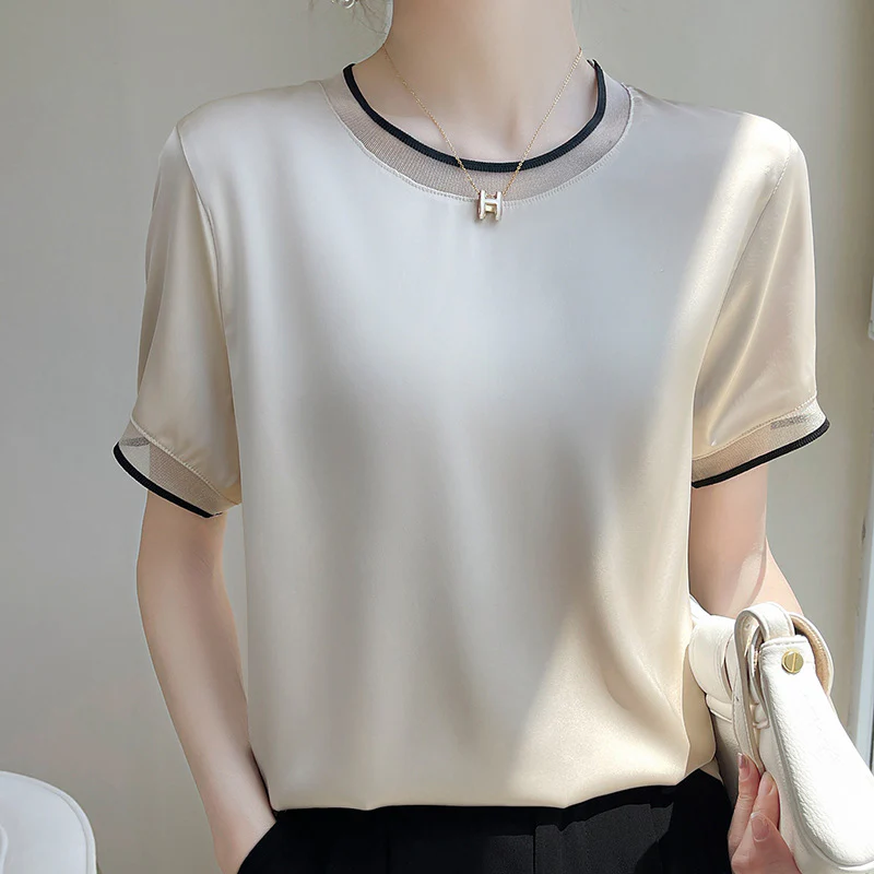 DEANWANGKT  Summer New Silk Satin Mesh Patchwork round Neck Slimming Short-Sleeved T-shirt Top Women's Mulberry Silk All-Matching Women's Wear - Deanwangkt